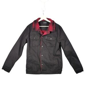 Saint Morta Mens Streetwear Grunge Sherpa Denim Jacket XL Black Red Plaid Lined